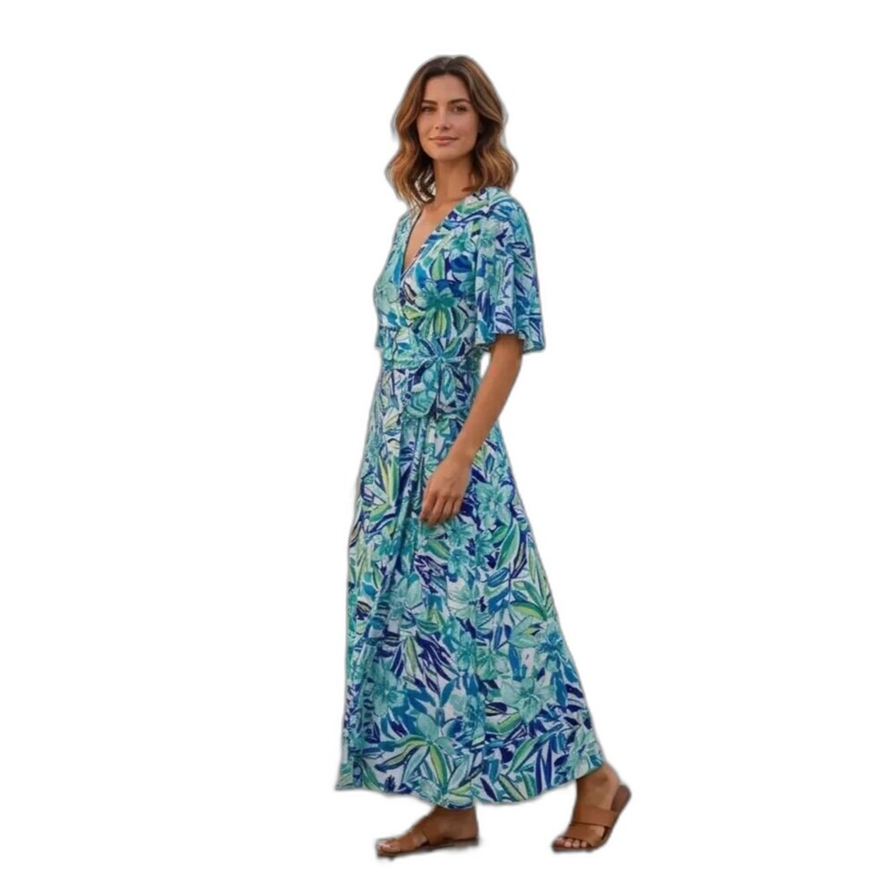 Pappagallo Maxi Dress Women's Size Large Green & Blue Tropical Short Sleeves